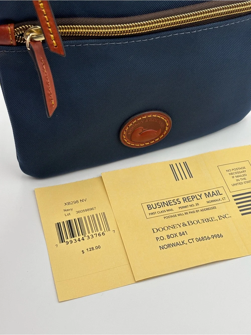 Dooney & Bourke Triple Zip Navy Crossbody with Brown Leather Trim